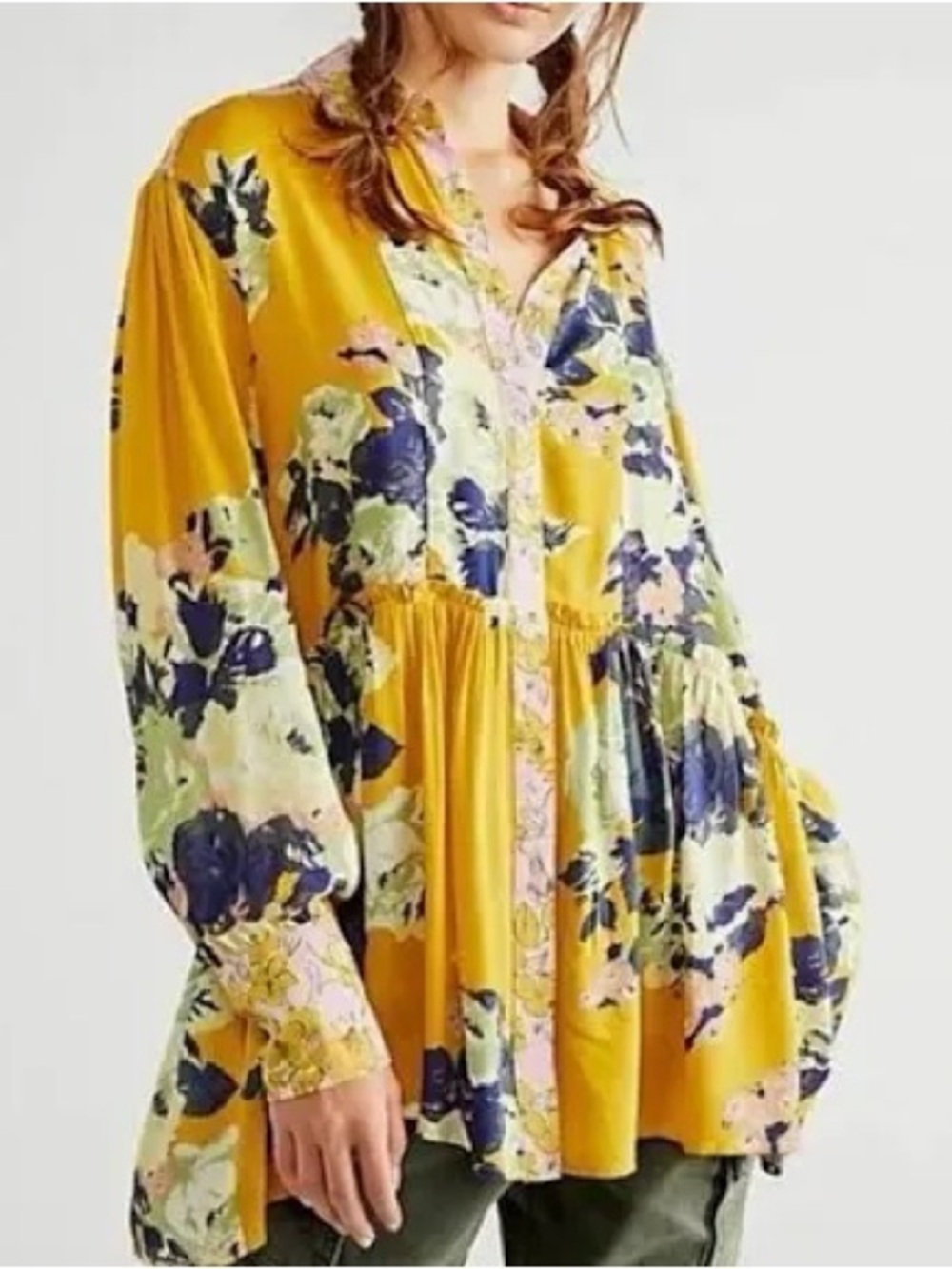 Free People Mustard Floral Peplum Button-Up Blouse